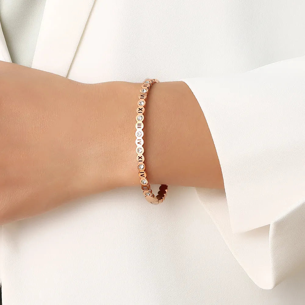 Korean-style titanium steel bracelet with numeric elements in gold, rose gold, or steel colour