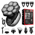 Black 6-in-1 multifunctional haircut suit with hair clipper, shaving head, nose trimmer, and attachments on display