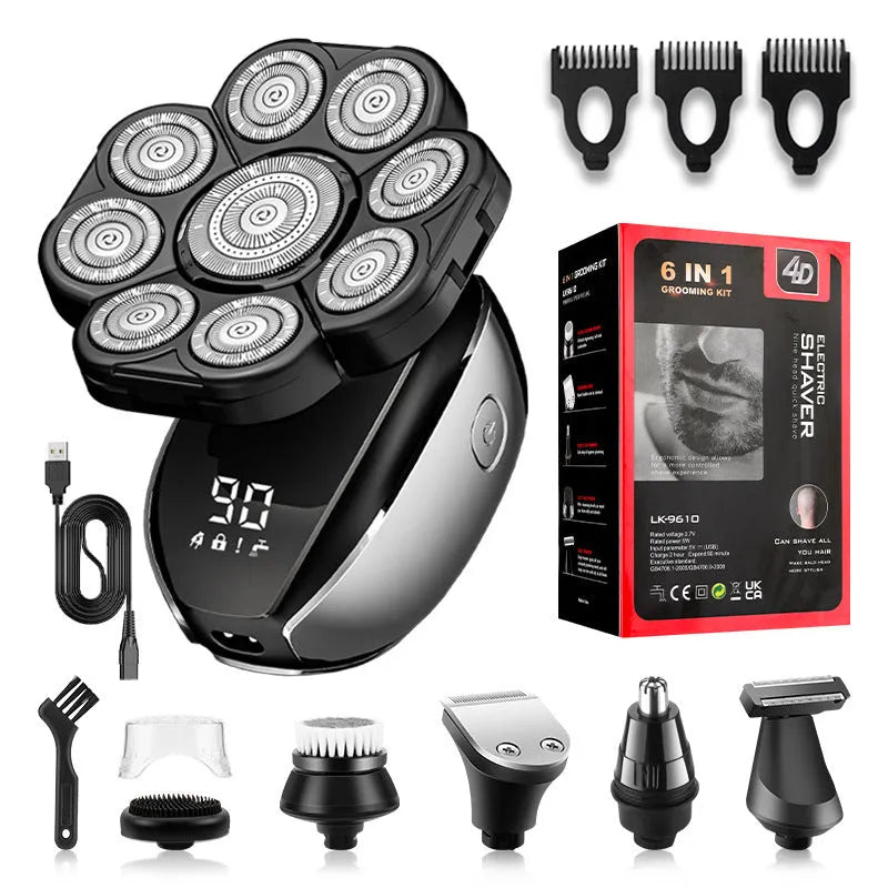 Black 6-in-1 multifunctional haircut suit with hair clipper, shaving head, nose trimmer, and attachments on display