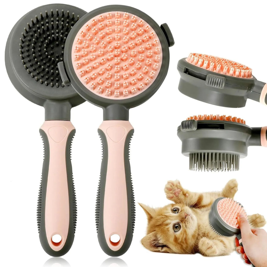 Double-sided cat brush with release button and flea comb in green or pink for grooming indoor cats