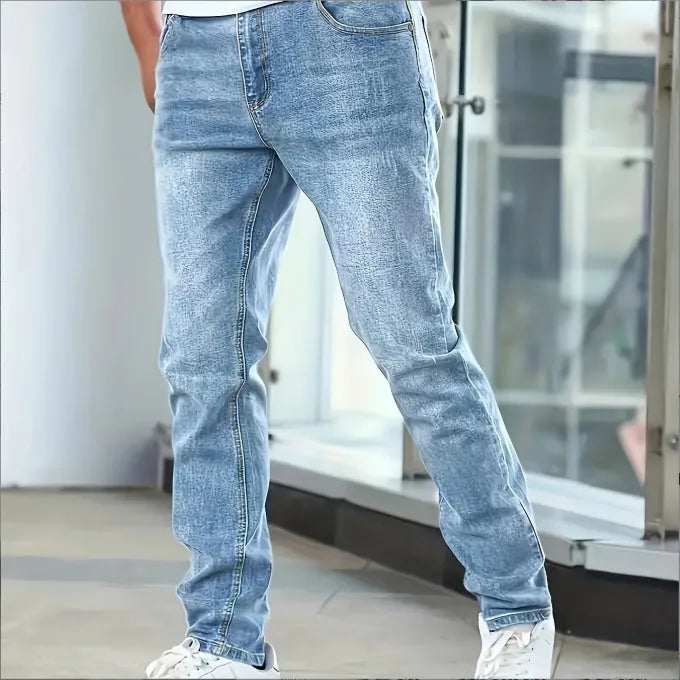 Men's skinny jeans in silver grey, blue, or black with zip fly and tight denim fit