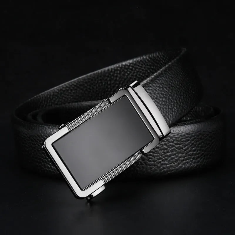 Men's leather belt with automatic buckle in gun black, silver, or gold, adjustable lengths 105-130cm