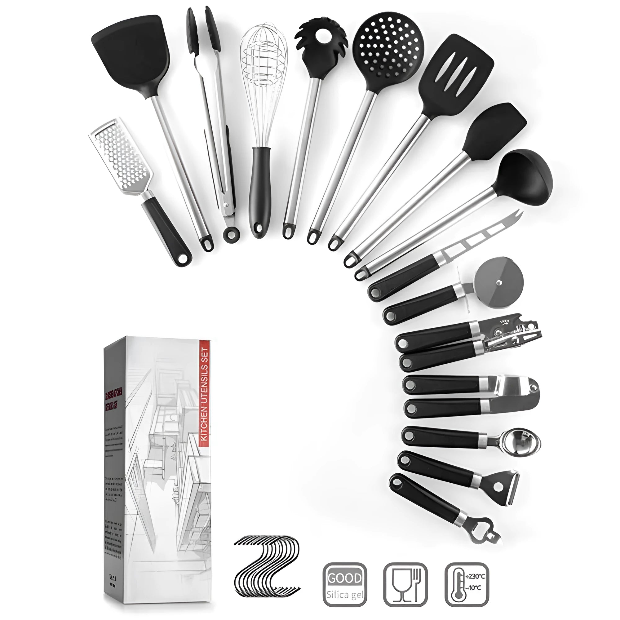 Black silicone and stainless steel 16-piece kitchen spatula and spoon set.