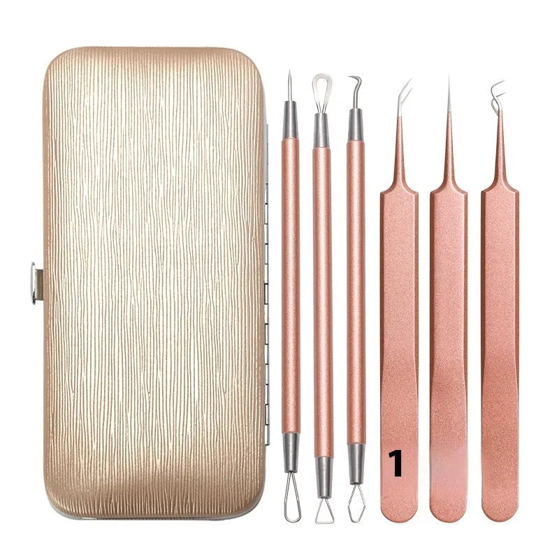 Six stainless steel acne remover tools with rose gold finish for pimple extraction