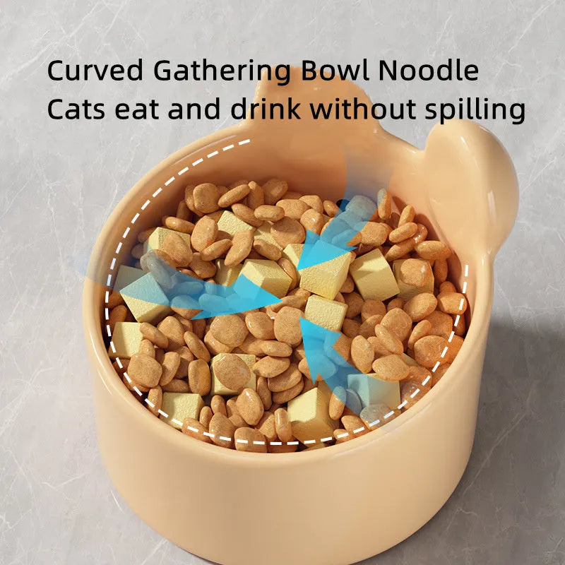 Ceramic pet bowl with neck guard design in white rabbit pattern, shown next to a large brown bear pattern bowl.