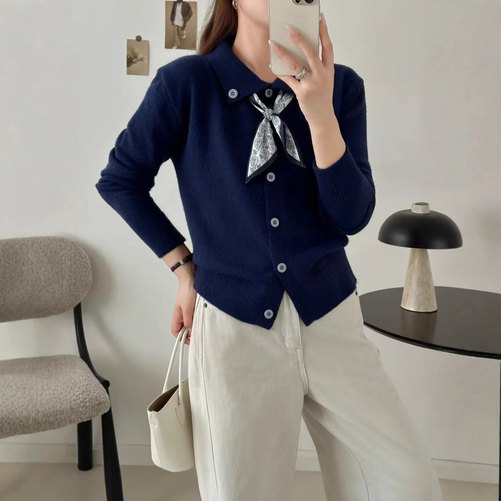 Lazy Fashion Lapel Scarf Sweater in cardigan style with integrated scarf, long sleeves, and acrylic fibre construction