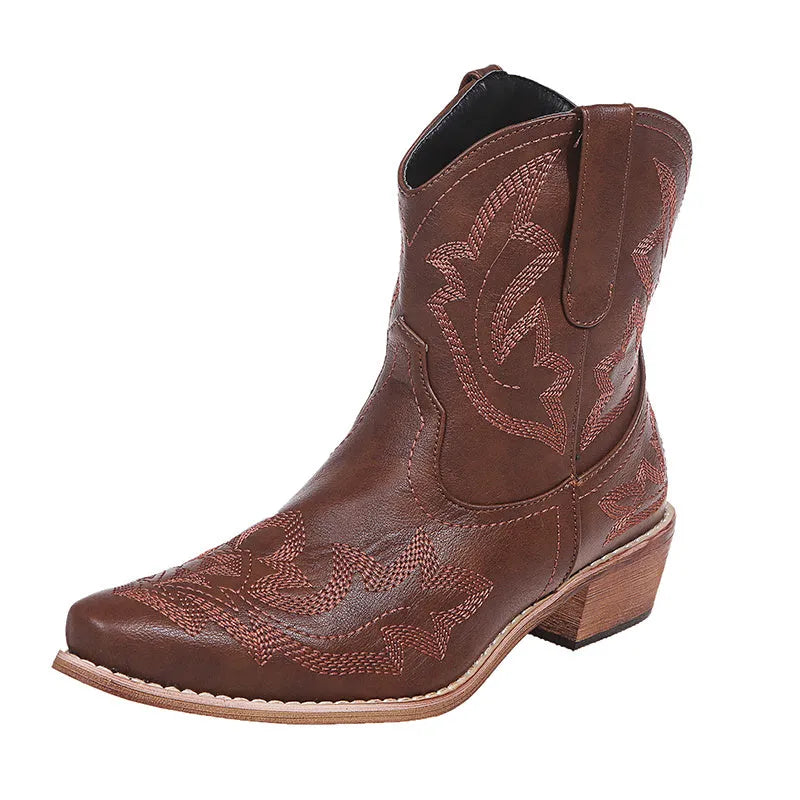 Women's blue cowboy boots with embroidery, wedge heel, and pointed toe on a neutral background