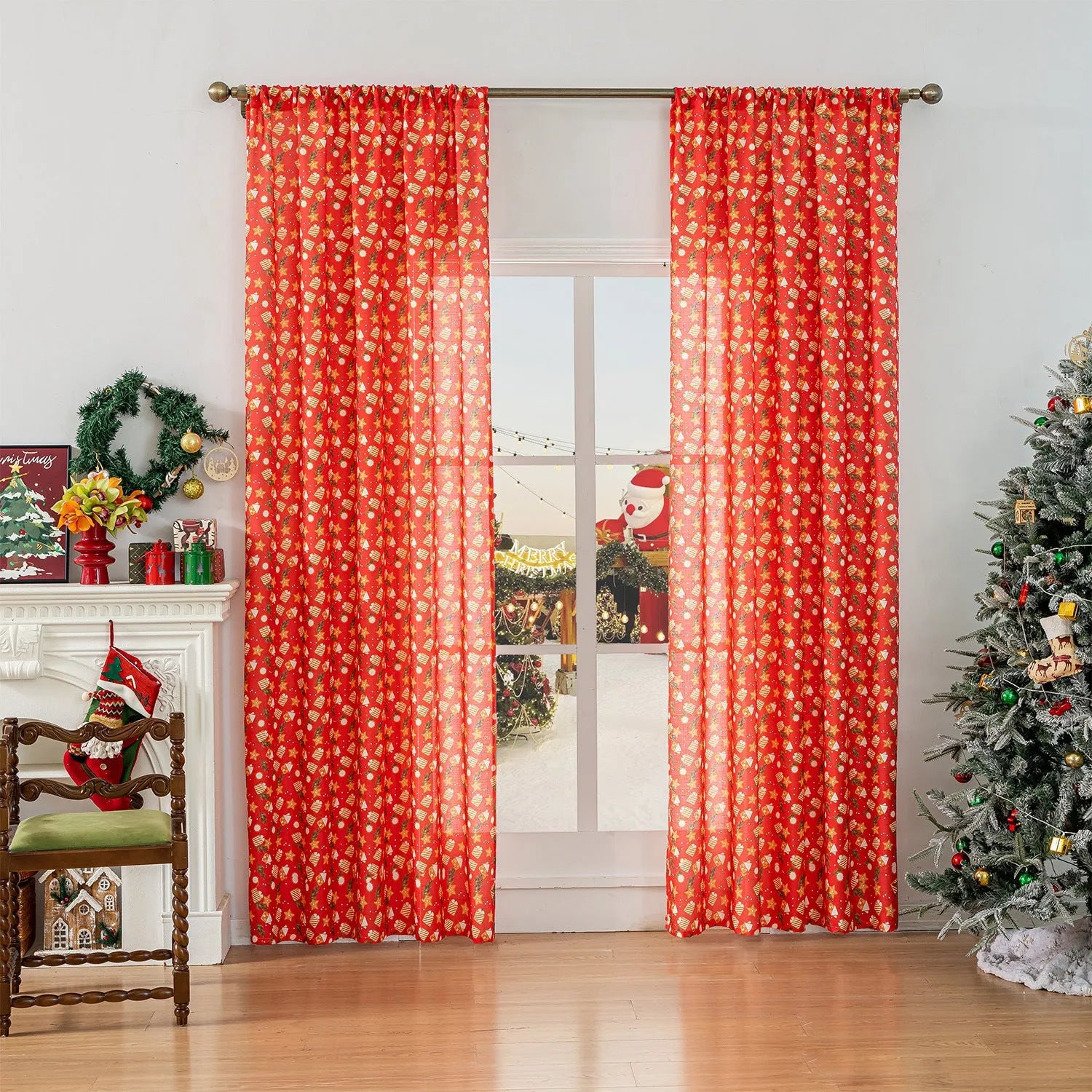 Christmas curtain with printed snowman and angel designs in green colour, 1 metre width