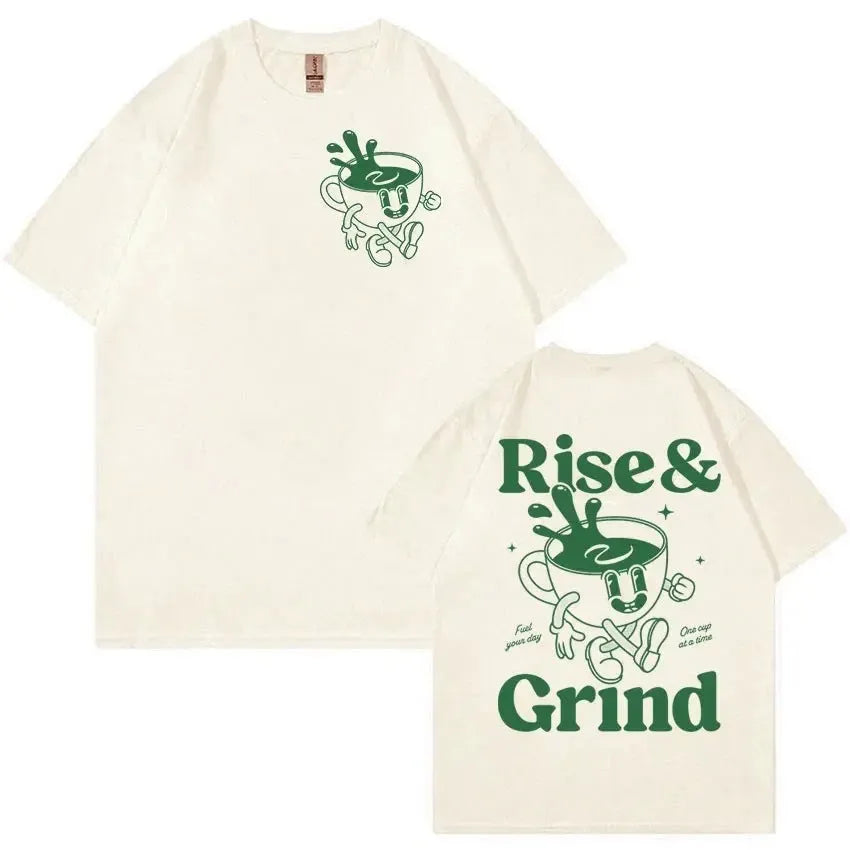 Rise And Grind Green Coffee cartoon graphic on a loose-fit linen t-shirt in multiple colours