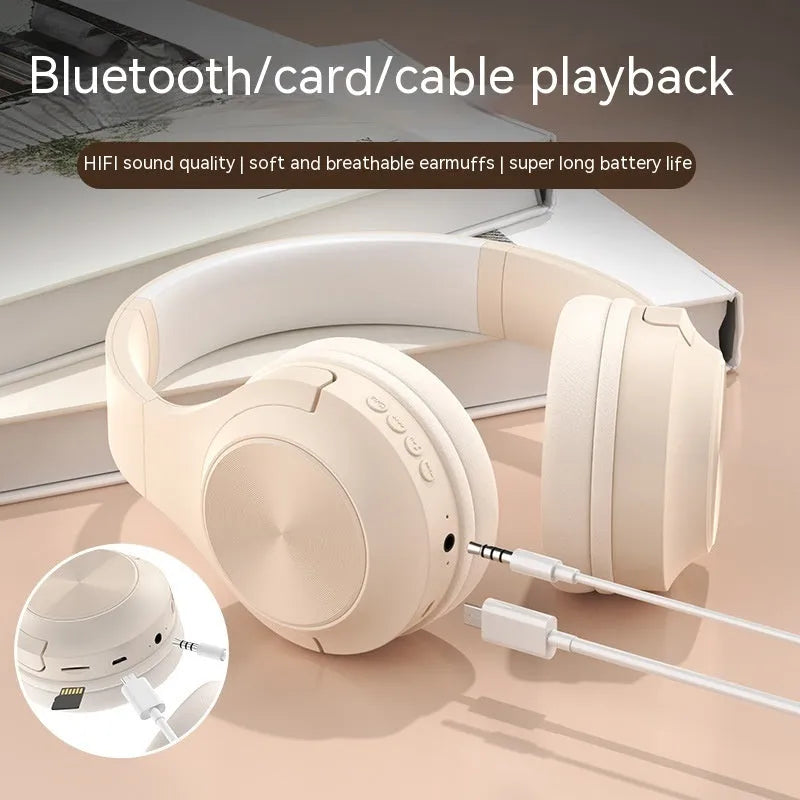 Wireless Bluetooth headset with creative design in ivory white colour, showing head-mounted wearing style