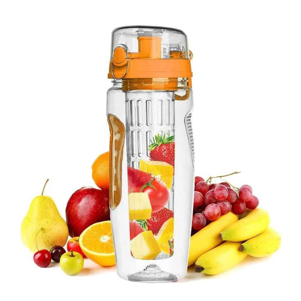 32oz BPA-free plastic water bottle with fruit infuser insert and leak-proof sports cap