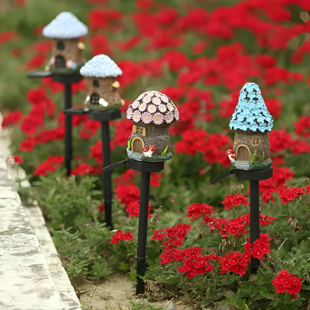 Solar-powered outdoor LED garden light with flower-shaped decorative base