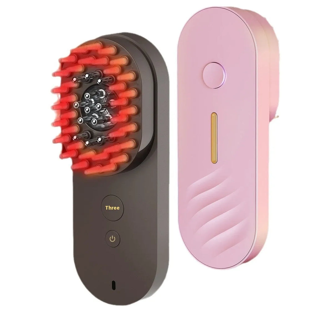 Pink and black smart massage comb for scalp care with red light therapy, less than 10cm long.