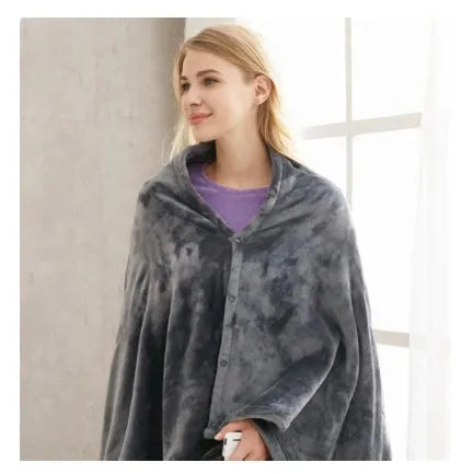 Dark grey USB electric heated plush blanket with round button zipper, shown folded.