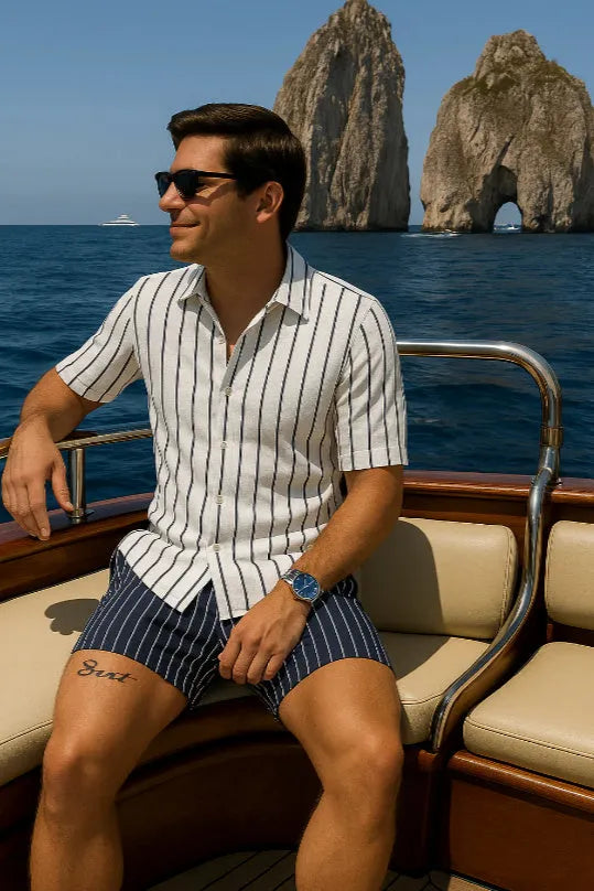 Beach men's shirt and shorts set in four-sided elastic fabric with machine-washable, anti-wrinkle features