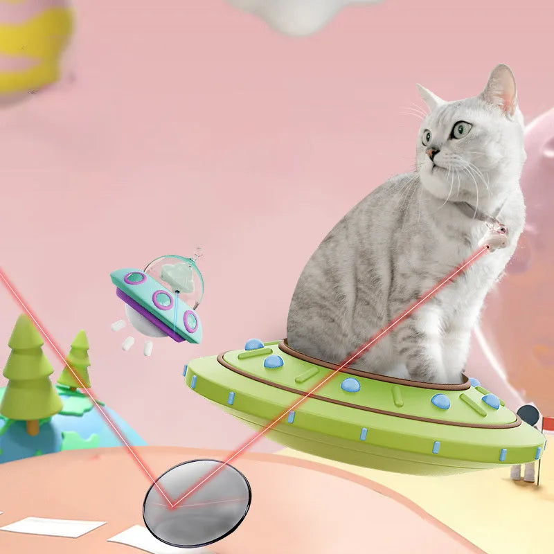 Small green plastic automatic laser toy attached to a cat collar for hands-free interactive pet play.