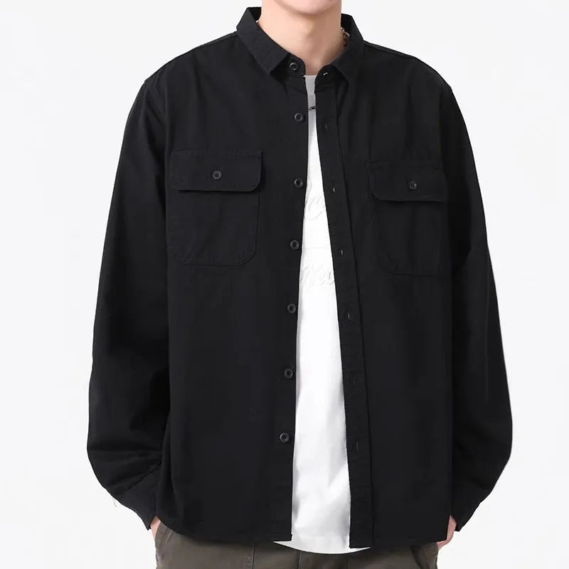 Men's long sleeve overalls shirt in cardigan style, loose fit, colours light grey black khaki green
