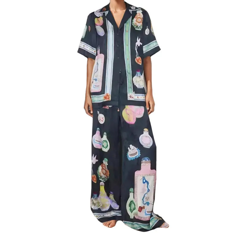 Women's black casual set with cartoon animation pattern, cardigan and trousers in sizes S to 3XL