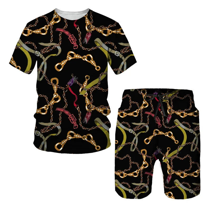 Men's chain pattern digital printed T-shirt and shorts lounge set in summer fabric