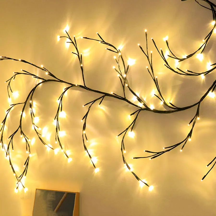 Flexible willow vine Christmas garland lights with white birch bark texture and 144 warm white LEDs