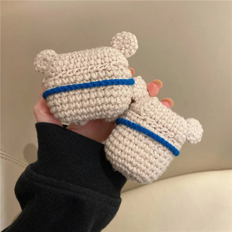 Handmade knitted koala bear backpack cover for AirPods protection with embroidered features