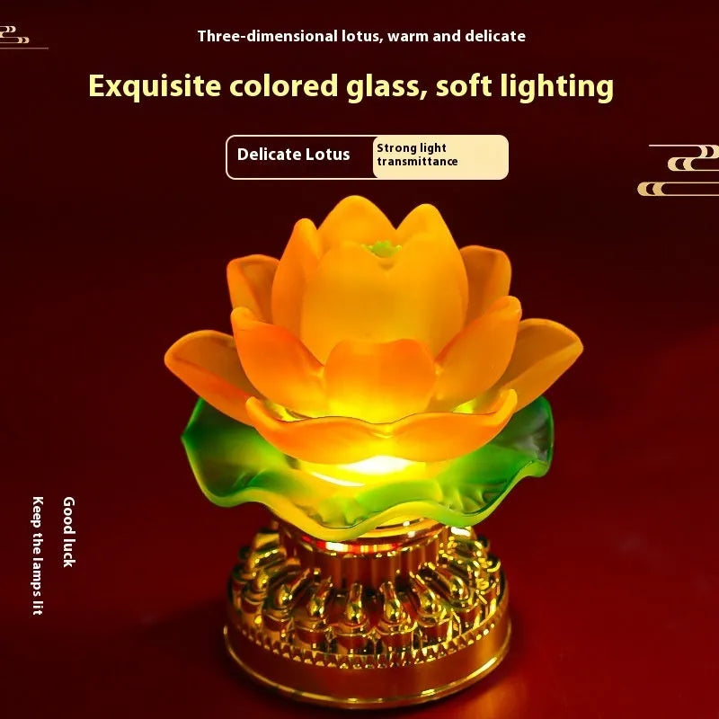 Yellow Chinese-style lotus lamp for Buddha altars in flower bud or flowering design