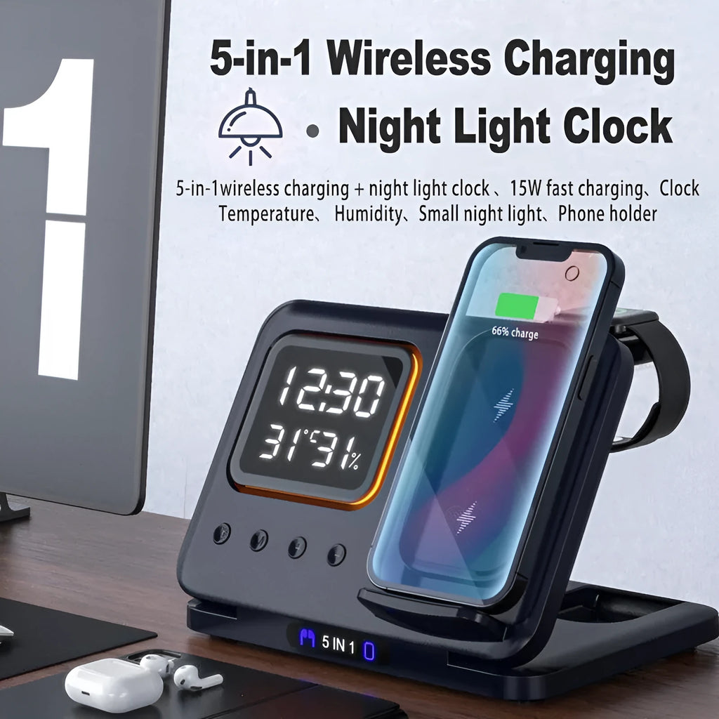 Black and white wireless charging stand with digital clock displaying time and temperature, charging a phone and smartwatch.