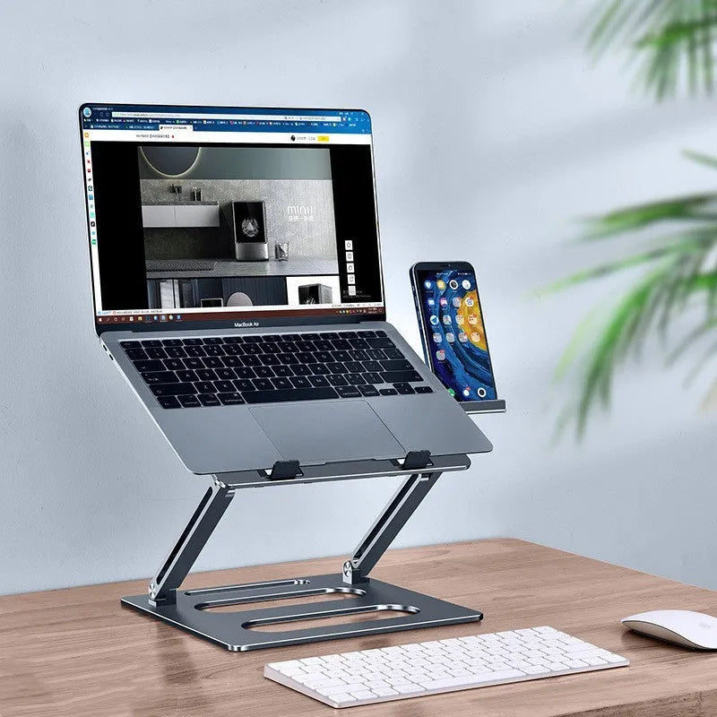 Adjustable metal laptop stand in silver or dark grey, aluminium alloy and silicone, 260x248x35mm, 340mm lift