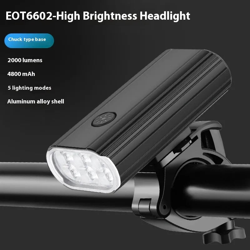 Aluminium alloy bicycle headlight showing front lens with six XPT beads and a USB Type-C charging port on the side.