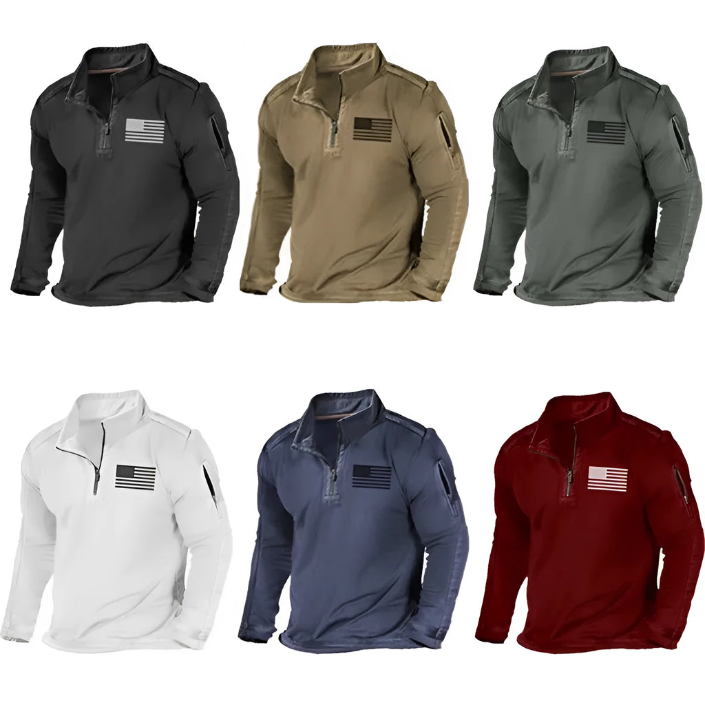 Men's grey zipped collar long-sleeved polyester sweater laid flat showing stand collar and pullover design