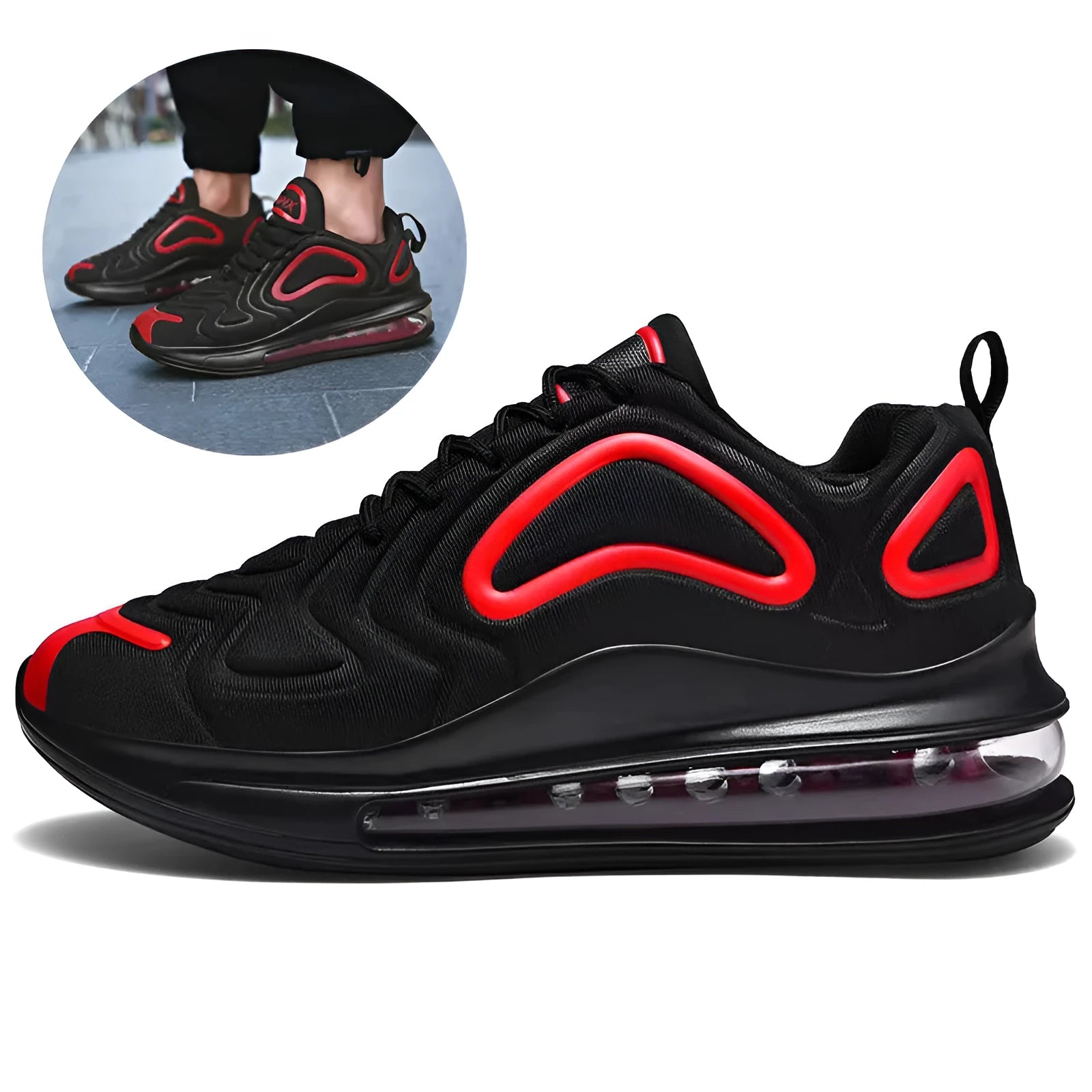 Men's black casual sneakers with a thick sole and lace-up front on a white background.
