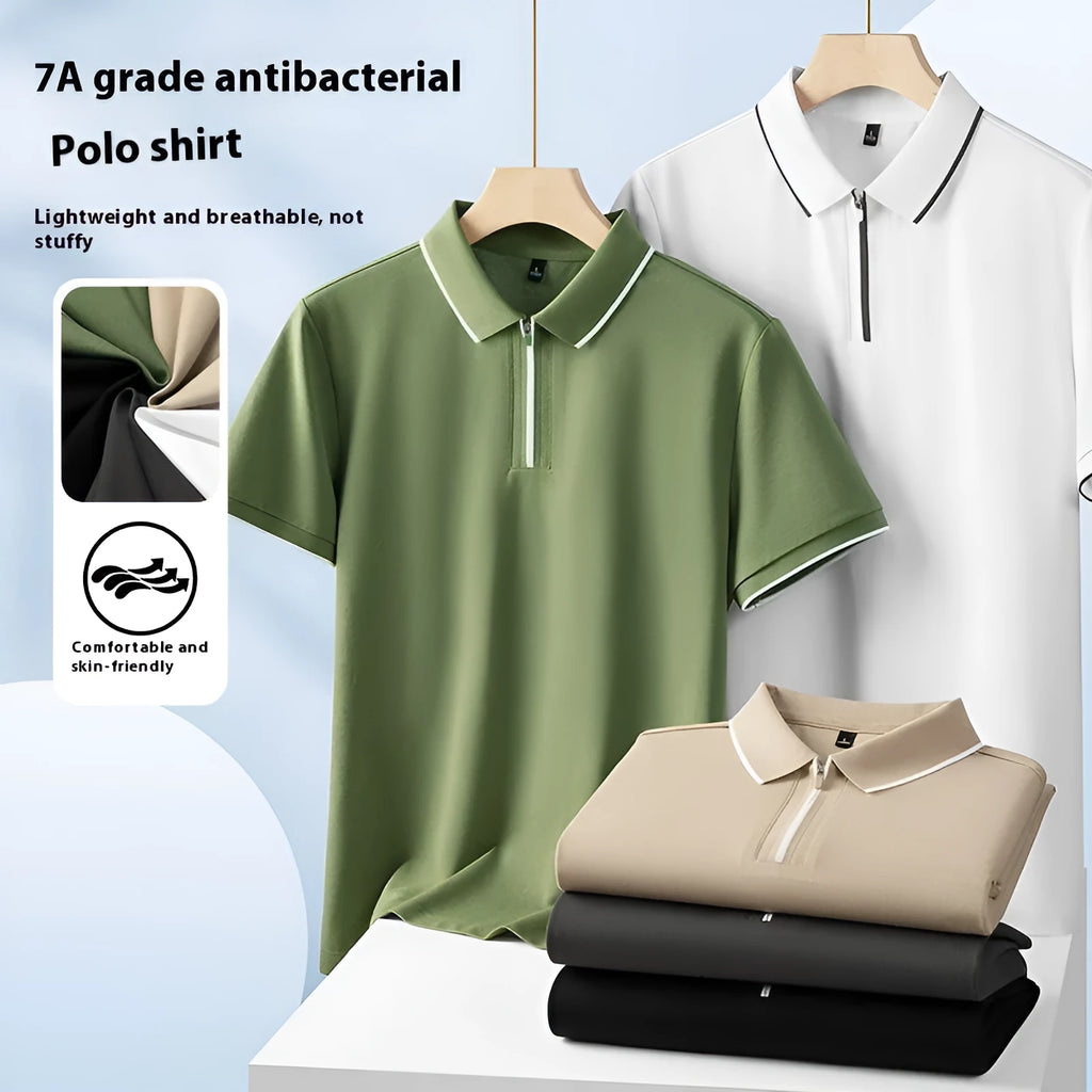 Men's solid colour polo shirt with a zipper front in beige apricot.