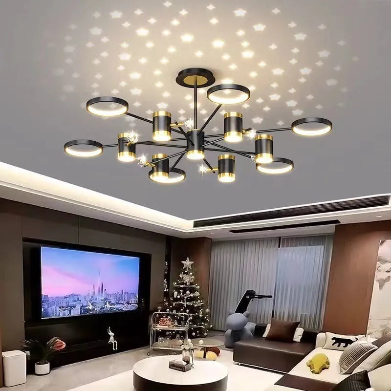 Black iron pendant lamp with 13 heads, remote control, adjustable height for 15-30 square metre rooms