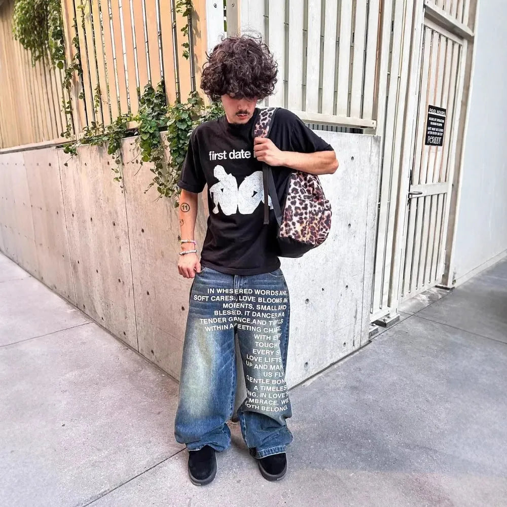 Men's casual cotton trousers with loose wide-leg fit in black or blue colours
