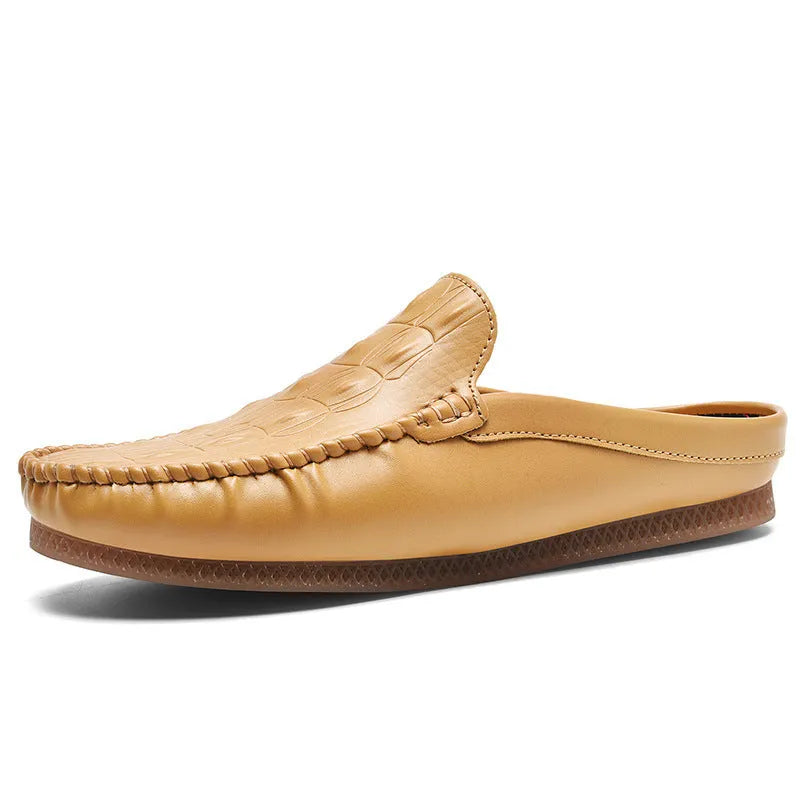 Men's black summer semi-slippers with a breathable artificial PU upper and a textured Gommino rubber sole.