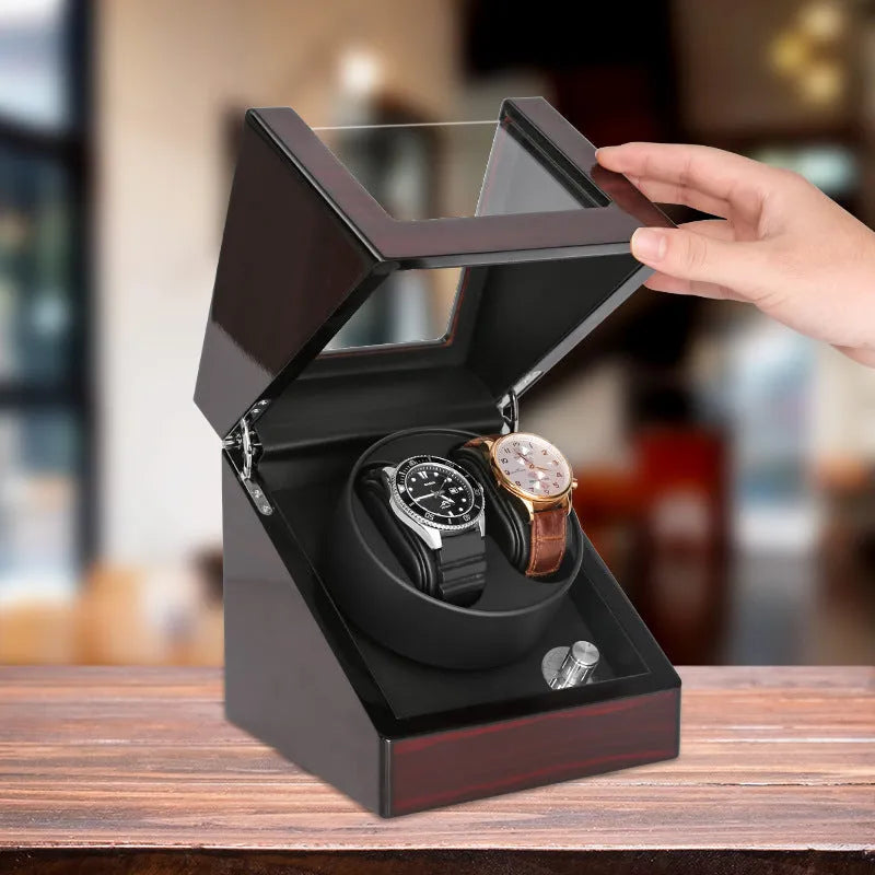 Piano lacquered watch winder with transparent acrylic window, red and black finish, 16 x 16 x 17.5 cm