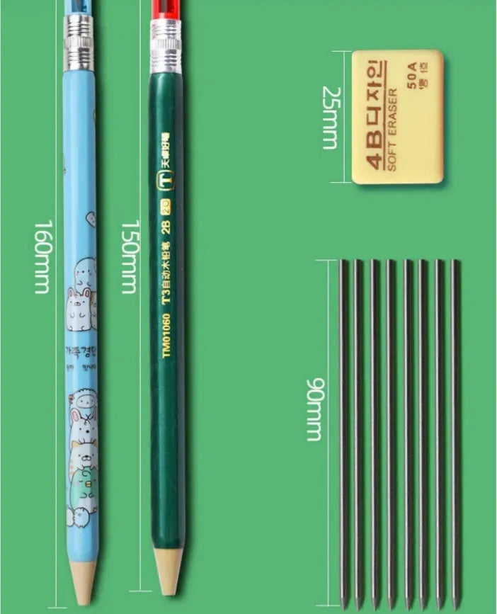 Children's cartoon design mechanical pencil with 2B replaceable lead cores in multi-pack bundle options