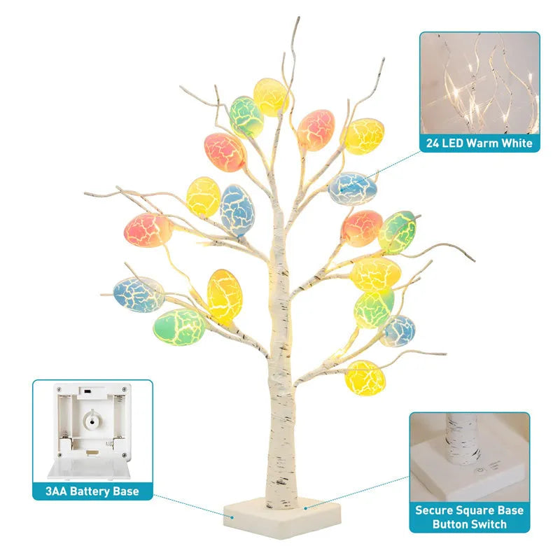 60cm white LED birch tree light with black bark lines and cracked egg ornaments on adjustable branches