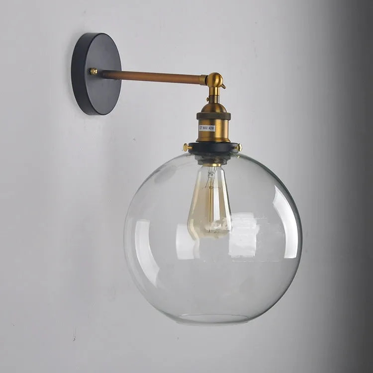 20cm retro round ball glass wall lamp with aluminium E27 holder, 220V, in transparent, amber, or smoky grey
