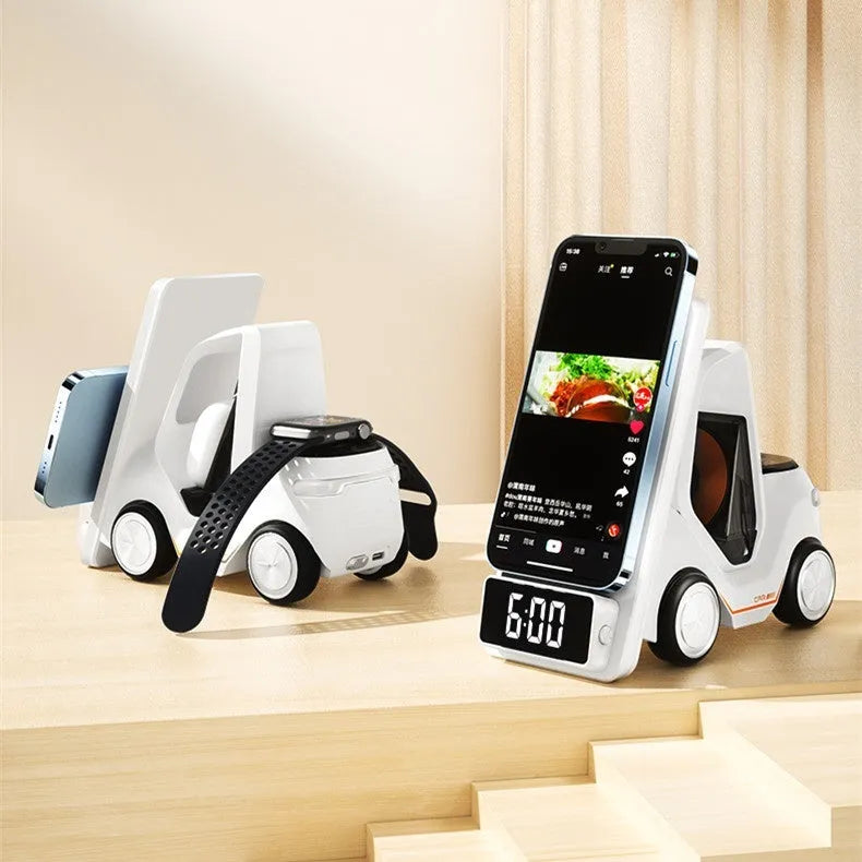 15W three-device wireless charging bracket in grey, white, yellow, or orange colours, showing compact 150x146x75mm dimensions