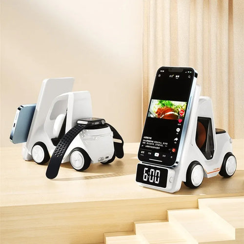15W wireless charging bracket in grey, white, yellow, or orange with type-C port, dimensions 150x146x75mm