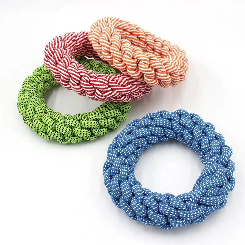 Cotton braided ring dog chew toy showing textured knots and 18cm diameter