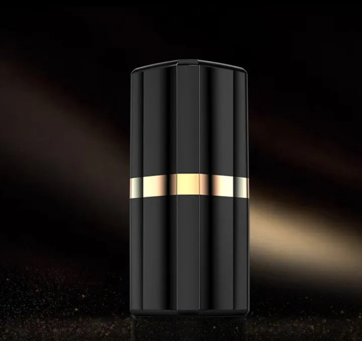 Lipstick-shaped Bluetooth earphones in black with compact charging case, showing in-ear design for noise reduction