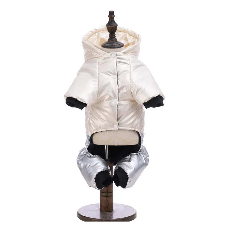 Green waterproof four-legged dog coat with cotton padding for outdoor weather protection