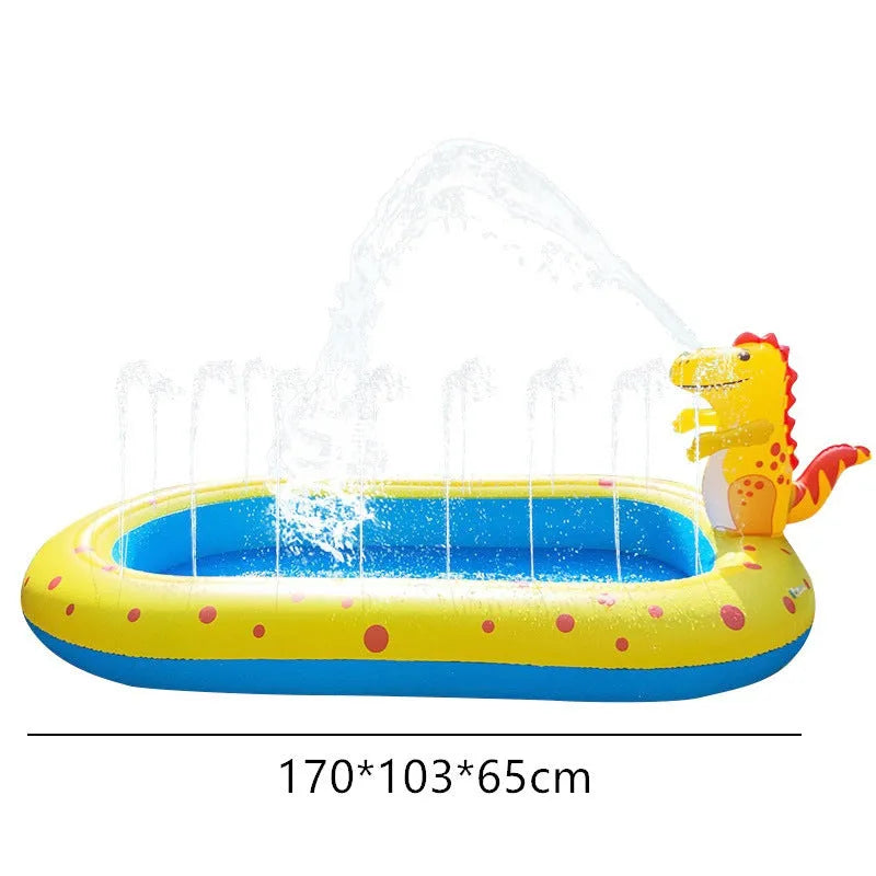 Blue dinosaur-themed inflatable water spray pool for kids in a garden