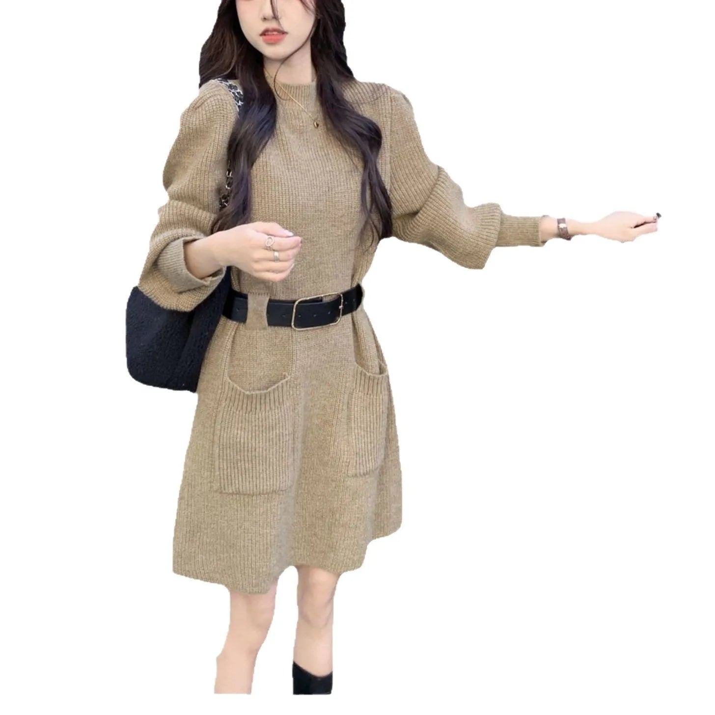Women's long sleeve loose knitted dress with high waist and black belt in various colours