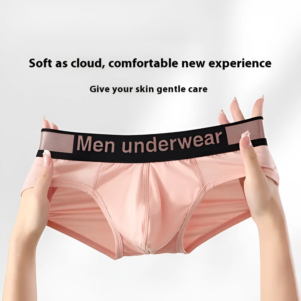 Men's low-waist modal briefs in gradient sports belt style, shown in black, white, and pink.