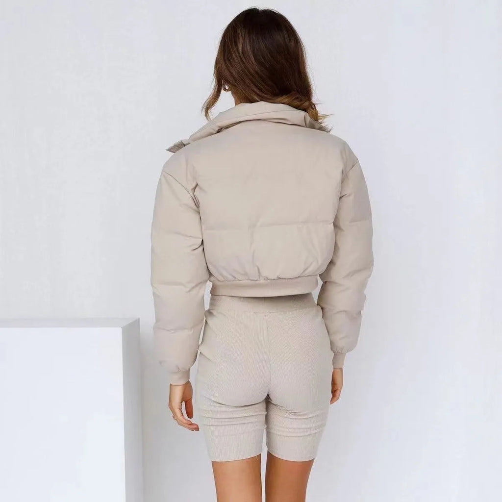 Blue loose-fit polyester jacket for women with long sleeves, shown alongside grey, black, and beige colour options.