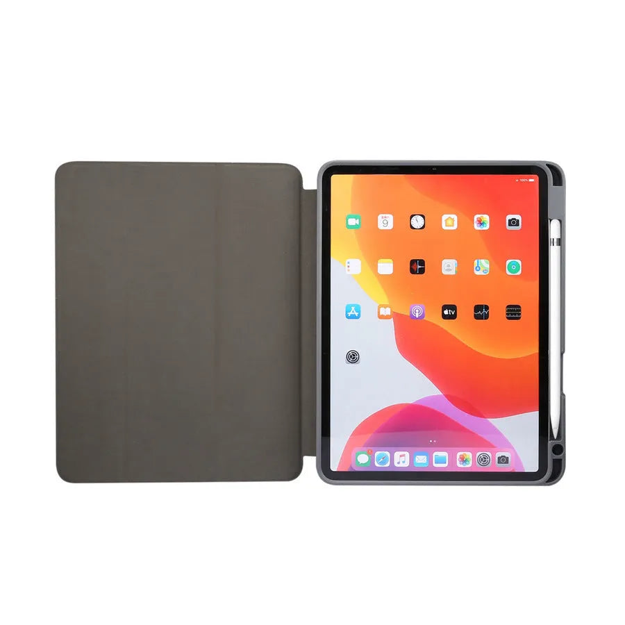 Tri-fold marbling iPad case in dark grey with integrated pen slot for Apple Pencil, showing shockproof imitation leather housing