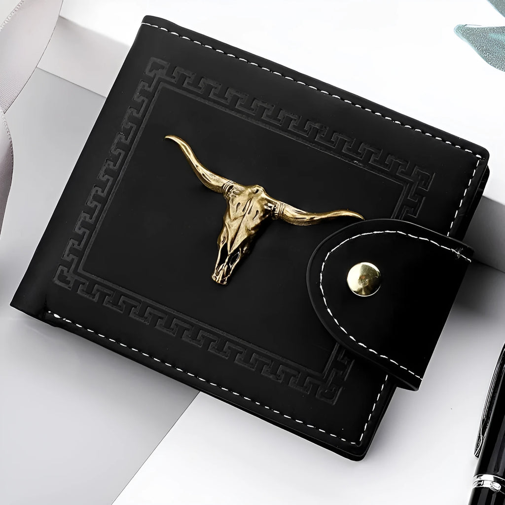 Black men's short wallet with animal pattern design, multiple card slots and zipper closure